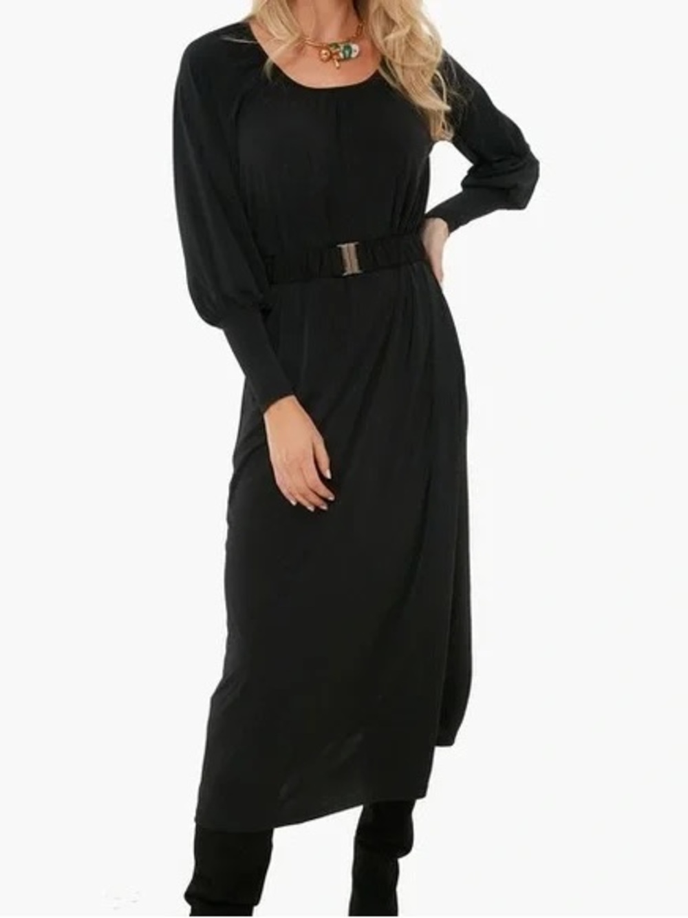 Tuckernuck Kendall Belted Long Sleeve Maxi Dress Black Gold Clasp Size Small